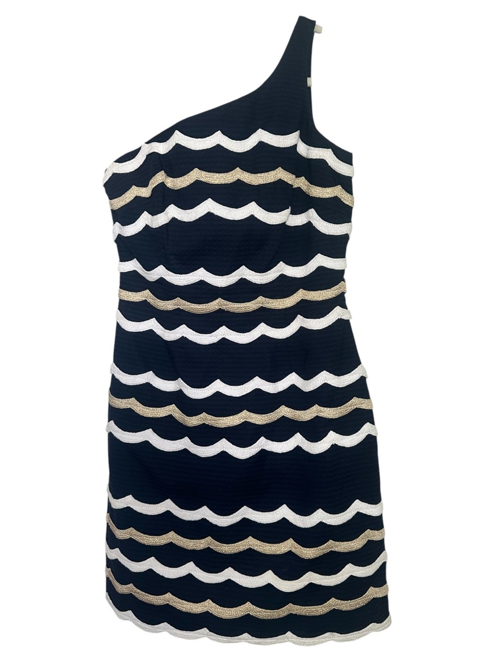 Lilly Pulitzer Navy One-Shoulder Scallop Stripe Dress with Gold